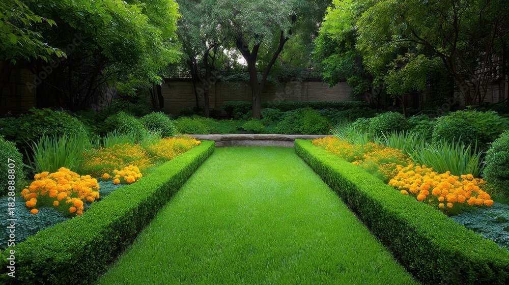 Obraz premium Lush Green Garden with Bright Yellow Flowers and Neatly Trimmed Shrubs in Serene Outdoor Setting Surrounded by Trees and Foliage