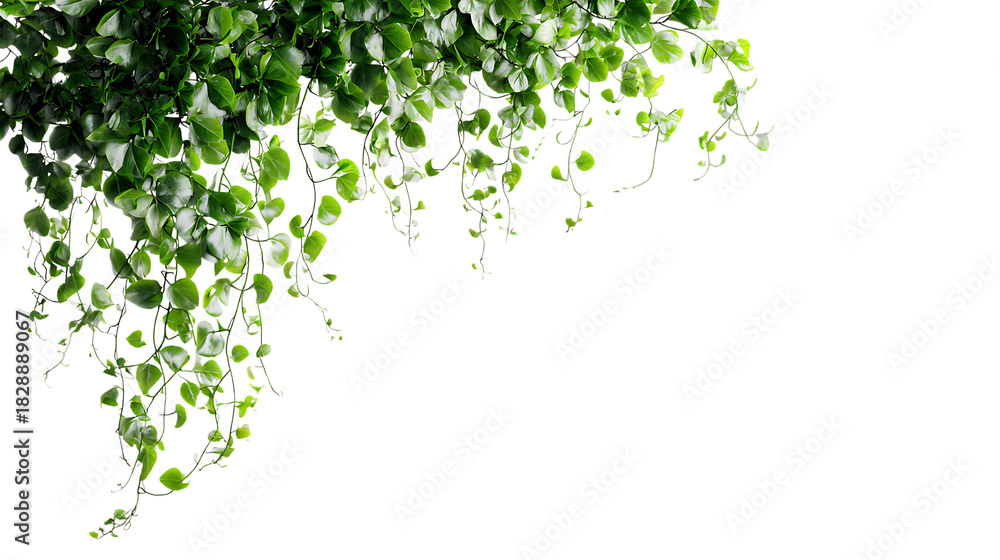 Obraz premium Dense green trailing vine hanging from top left, thinning into delicate tendrils across the top with generous negative space.