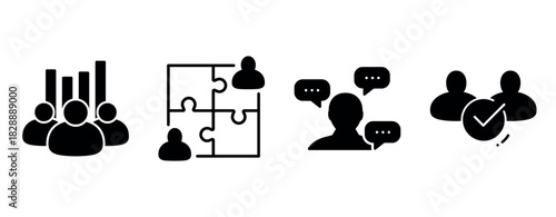 Teamwork and communication icons: collaboration, puzzle, dialogue