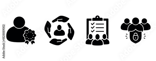 Silhouette icons: award badge, teamwork, checklist, security lock
