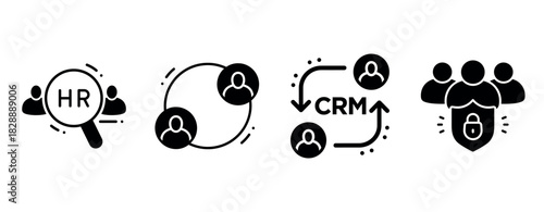 Hr and crm concepts: teamwork, analysis, and security icons