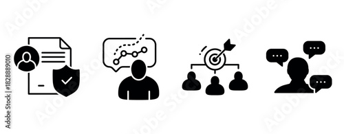 Black icons representing business strategy and communication concepts