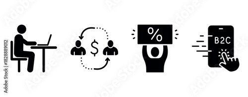 Business icons: remote work, transactions, discounts, and b2c marketing