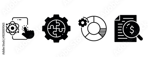 Technology icons: mobile app, puzzle gear, data analysis, financial document
