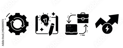 Innovative business icons: gear, lightbulb, briefcase, graph arrows