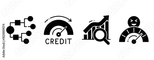 Credit score analysis and improvement icons in black and white design