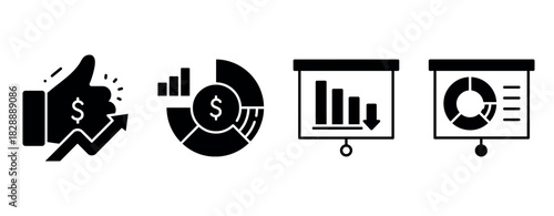 Financial icons: thumbs up, pie chart, bar graph, presentation board