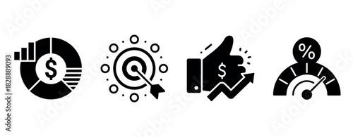 Business success icons: finance growth, target achievement, positive feedback, performance metrics