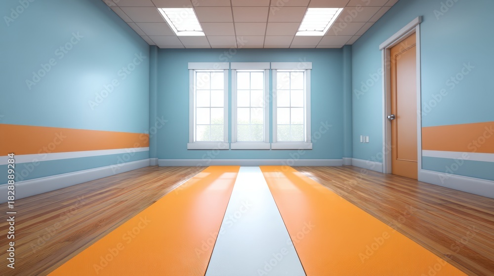 Obraz premium Bright and Spacious Empty Room with Wooden Floors and Colorful Accents Featuring Large Windows and Natural Light