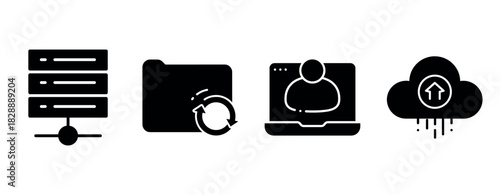 Data management icons: server, folder, user, cloud storage