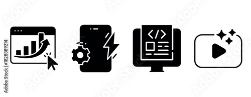 Business growth icon set: analytics, smartphone, coding, and video graphics