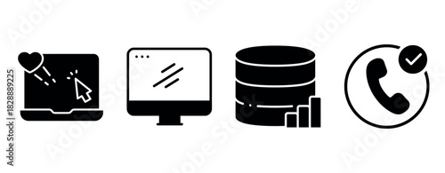 Black and white tech icons: computer, database, and communication symbols