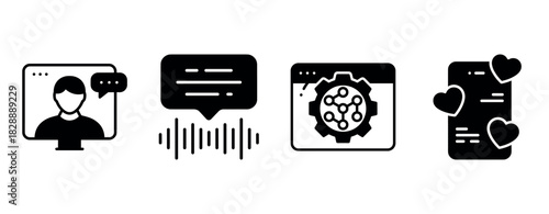 Digital interaction icons: video call, speech bubble, settings, social media