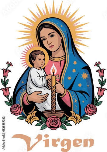 Virgen de la Guadlupe with flower logo vector white background .