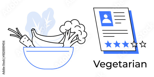Bowl of carrots, banana, and broccoli alongside a review sheet with rating stars and vegetarian tag. Ideal for food selection, reviews, quality, health, nutrition lifestyle marketing. Simple flat