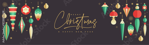 Holiday Christmas poster or banner with tree toys, baubles, knick knacks, pine cones and decorations. Christmas greeting card design. Vector illustration.