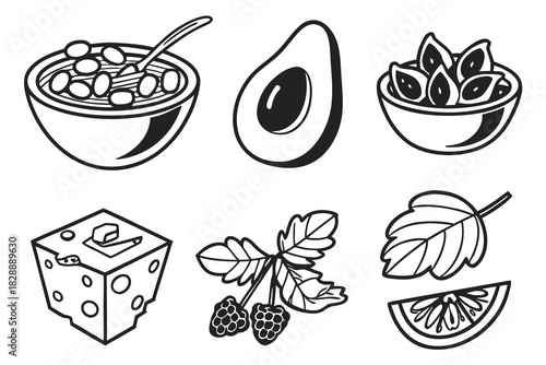 Minimalist black vegan food icons set