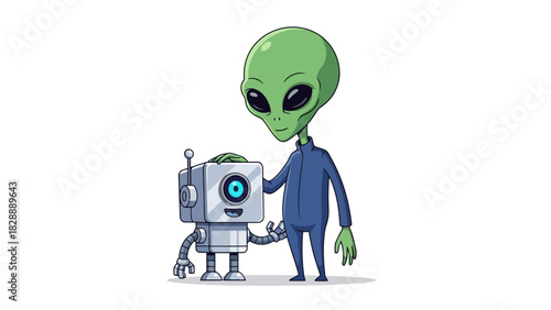 A cartoon alien with a green head and blue jumpsuit places its hand on a small robot