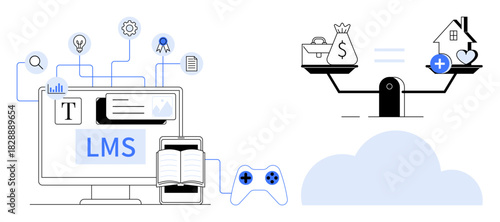 Learning management system. LMS tools enabling e-learning with integrated devices and resources. LMS supporting digital education and interactive resources. For education, online courses, corporate