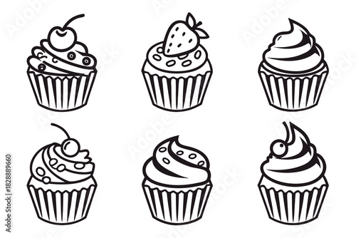 Minimalist black and white cupcake icons set