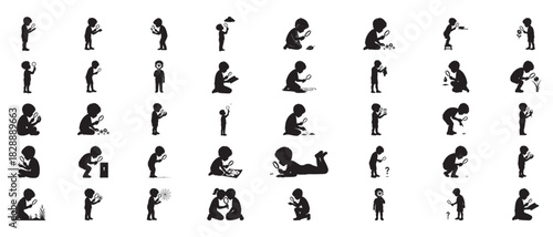 Collection of Children Silhouettes Exploring and Learning