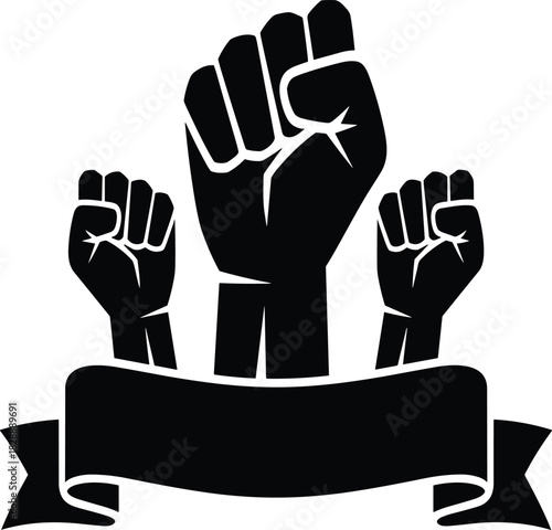 Three raised black fists in silhouette with empty black banner on transparent background vector illustration for power