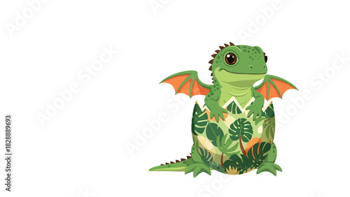 A cartoon baby dragon emerges from a patterned egg