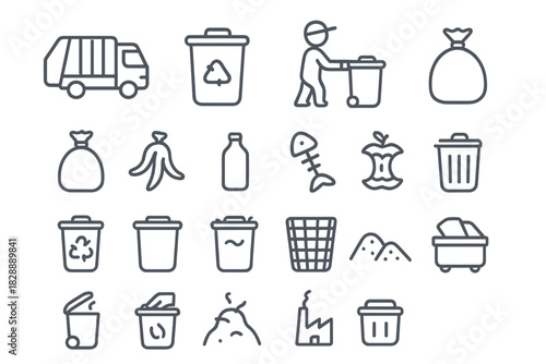 Waste management and recycling symbols including trash cans, garbage truck, and organic refuse
