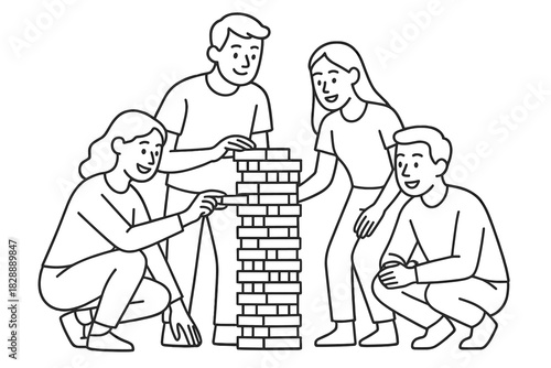 Friends playing a wooden block stacking game together showing teamwork and concentration