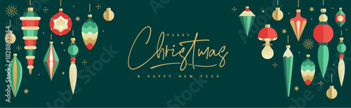 Holiday Christmas poster or banner with tree toys, baubles, knick knacks, pine cones and decorations. Christmas greeting card design. Vector illustration.