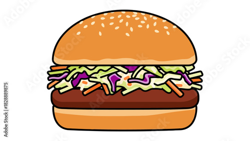 A cartoon burger with coleslaw a patty and a bun