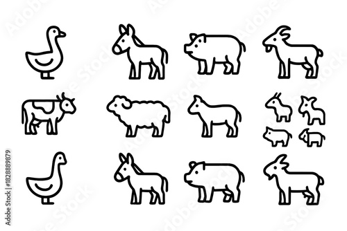 Set of minimalist outline symbols for common livestock and poultry farm animals