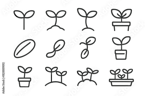 Minimalist line icons showing plant growth stages from seed to young sprout in pots