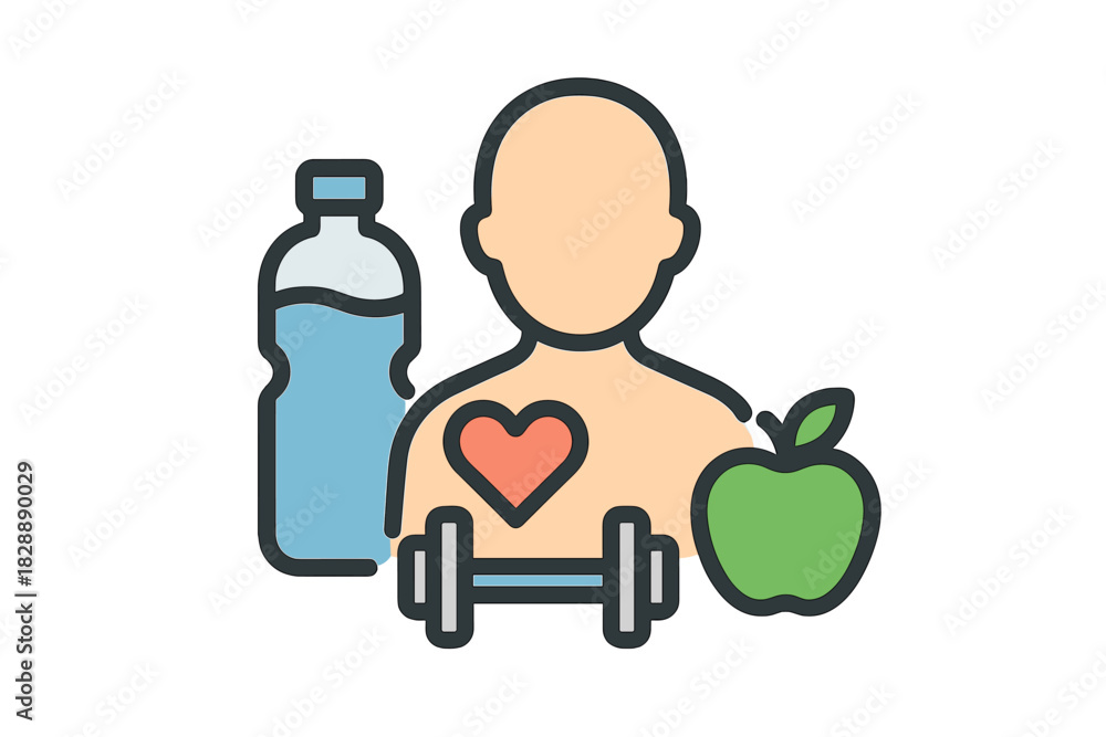 Fototapeta premium Healthy lifestyle concept featuring human figure, heart, dumbbell, water bottle, and