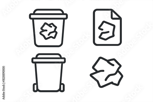 Outline symbols for trash bin, crumpled paper, waste, and digital deletion