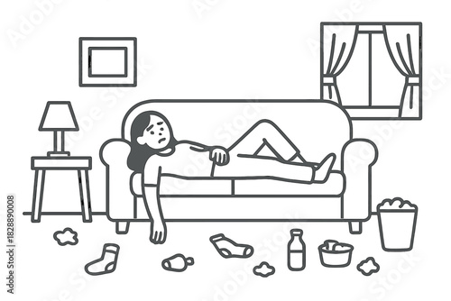 Exhausted woman lying on a messy sofa feeling depressed and overwhelmed by clutter
