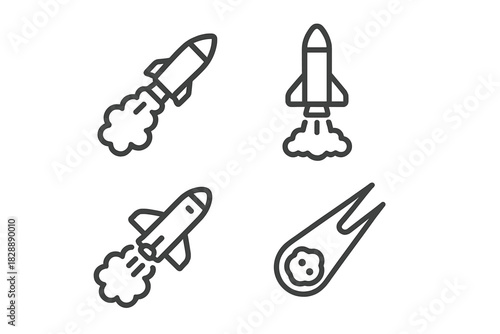 Rockets launching into space and a flying comet or meteoroid representing astronomy and travel