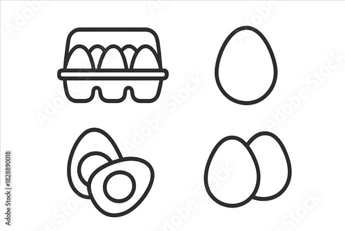 Outline icons showing whole eggs, cracked eggs, and a full egg carton for food concepts