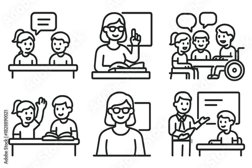 Education scenes featuring students and teachers interacting and learning in class