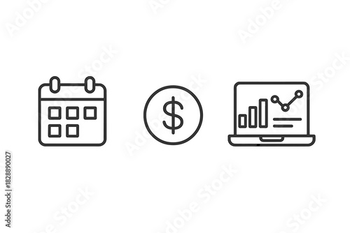 Business planning symbols showing calendar schedule, financial dollar sign, and data analysis chart