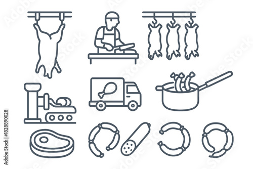 Meat industry supply chain icons showing butchery, processing, cooking, and delivery