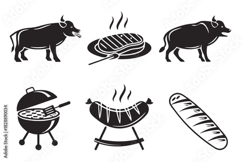 Minimalist grilled meats icons set black and white