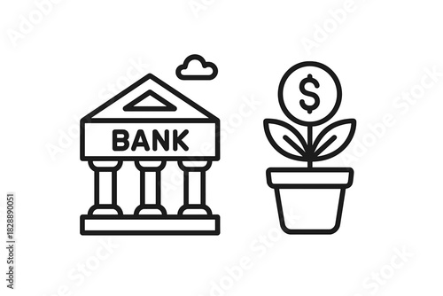 Bank building icon and potted plant growing a dollar coin symbolizing financial investment and growth