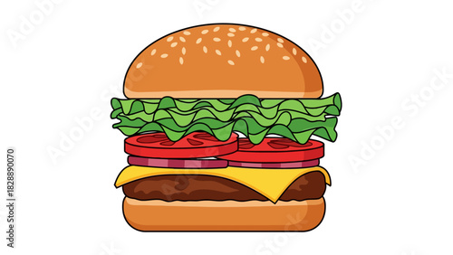 A cartoon depiction of a cheeseburger with layered ingredients