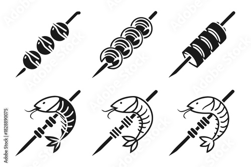 Minimalist grilled skewers icon set