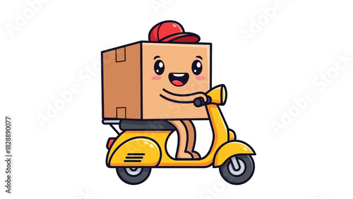 A cartoon delivery box wearing a red cap rides a yellow scooter