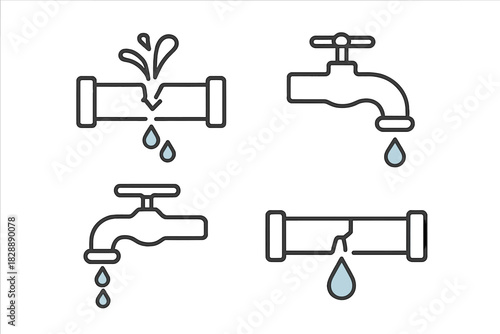 Broken pipes leaking water and faucets dripping liquid drops, set of plumbing problem symbols