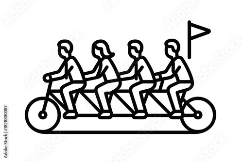 Four people riding a multi-seat tandem bicycle representing collaborative effort