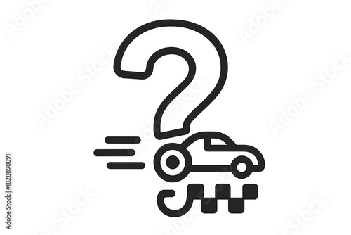 Moving car and question mark symbol representing transportation service query