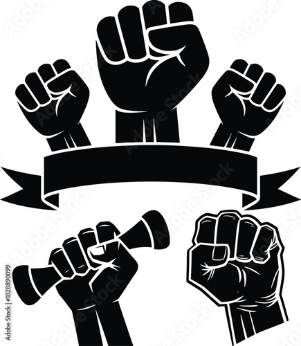 Four raised clenched fists with a blank banner for text, alongside two hands holding rolled scrolls or papers